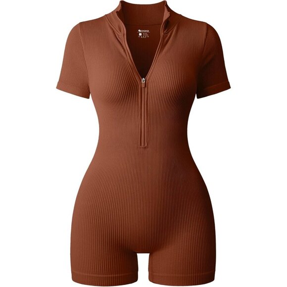 Dresses & Skirts - Women Ribbed Short Sleeve Zip Front Tummy Control Yoga Romper Small